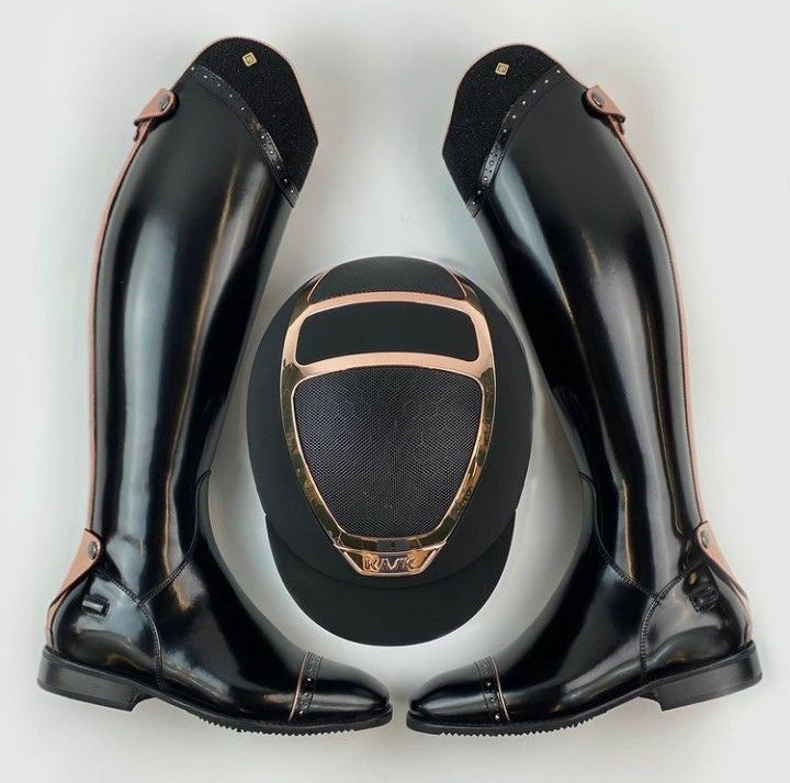 Leather boots women horse riding black glossy leather & Helmet